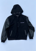 Black on Black Leather Sleeve Varsity Jacket