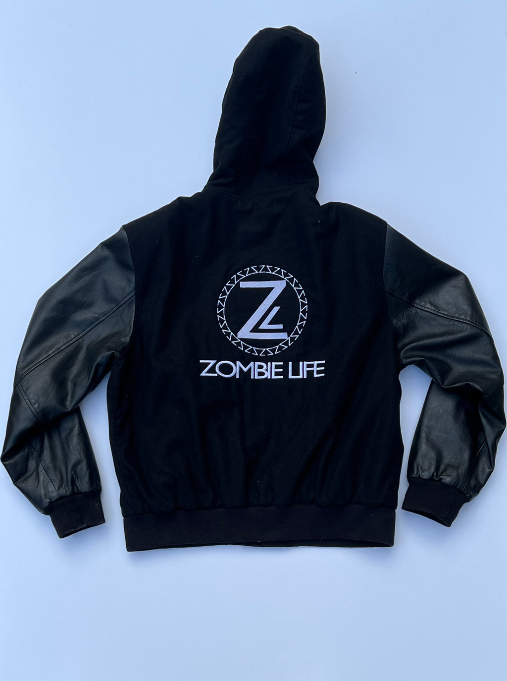 Black on Black Leather Sleeve Varsity Jacket