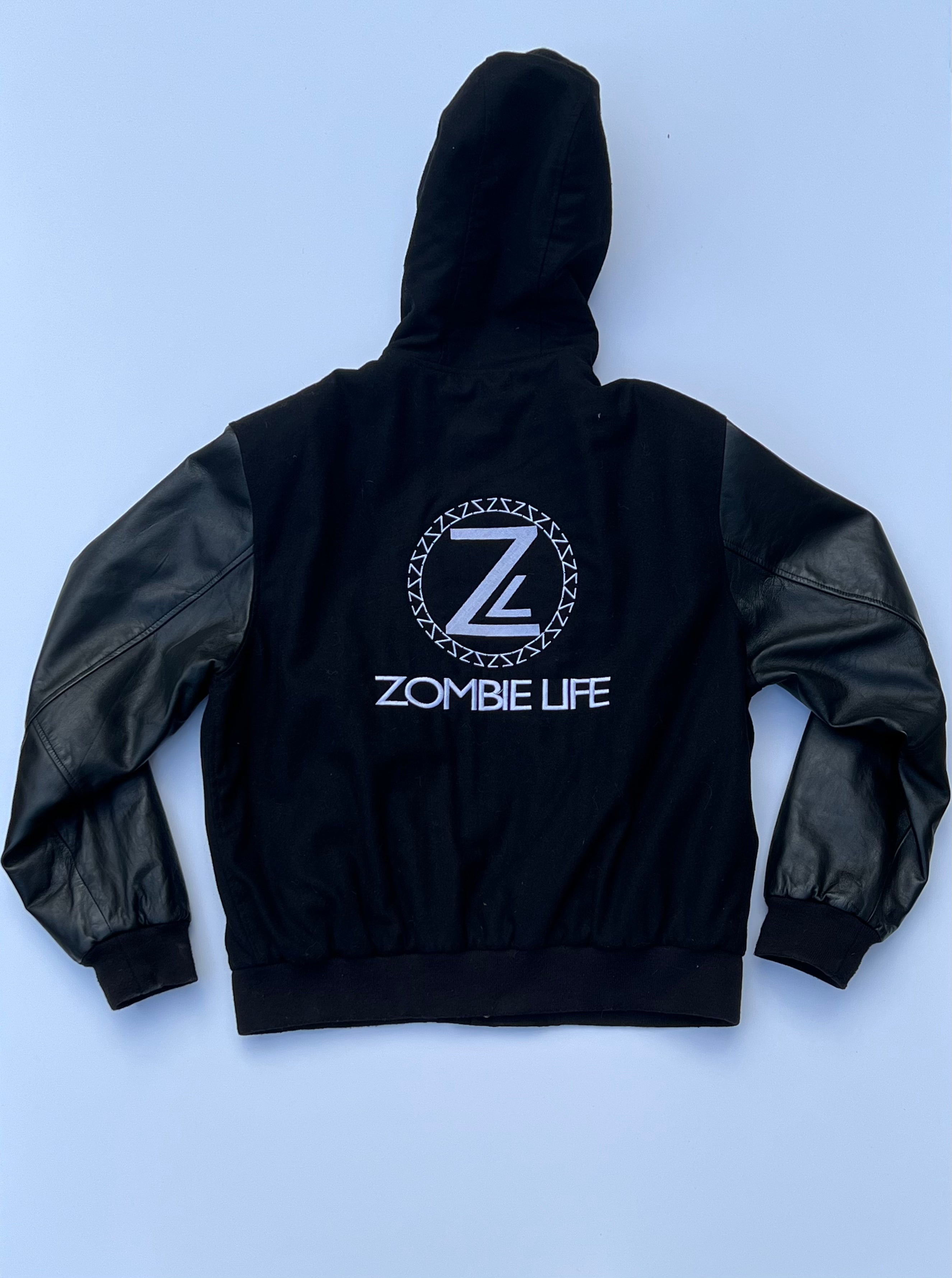 Black on Black Leather Sleeve Varsity Jacket