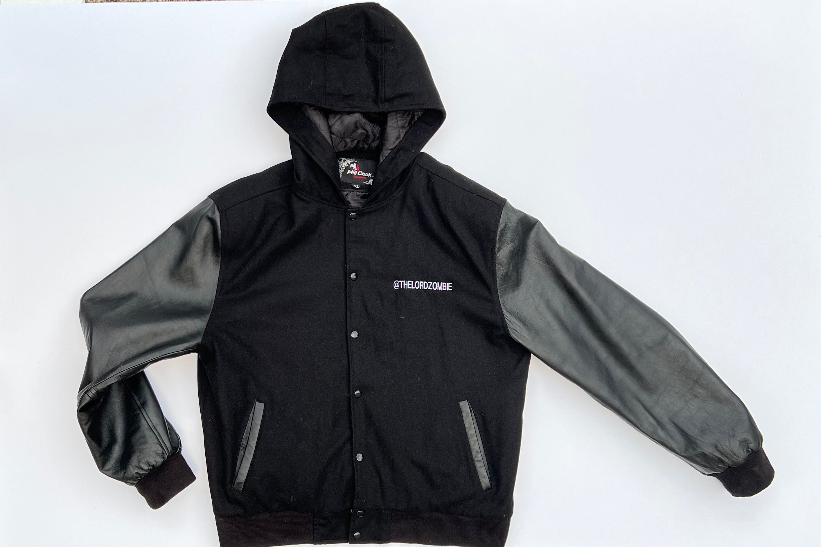 Black on Black Leather Sleeve Varsity Jacket