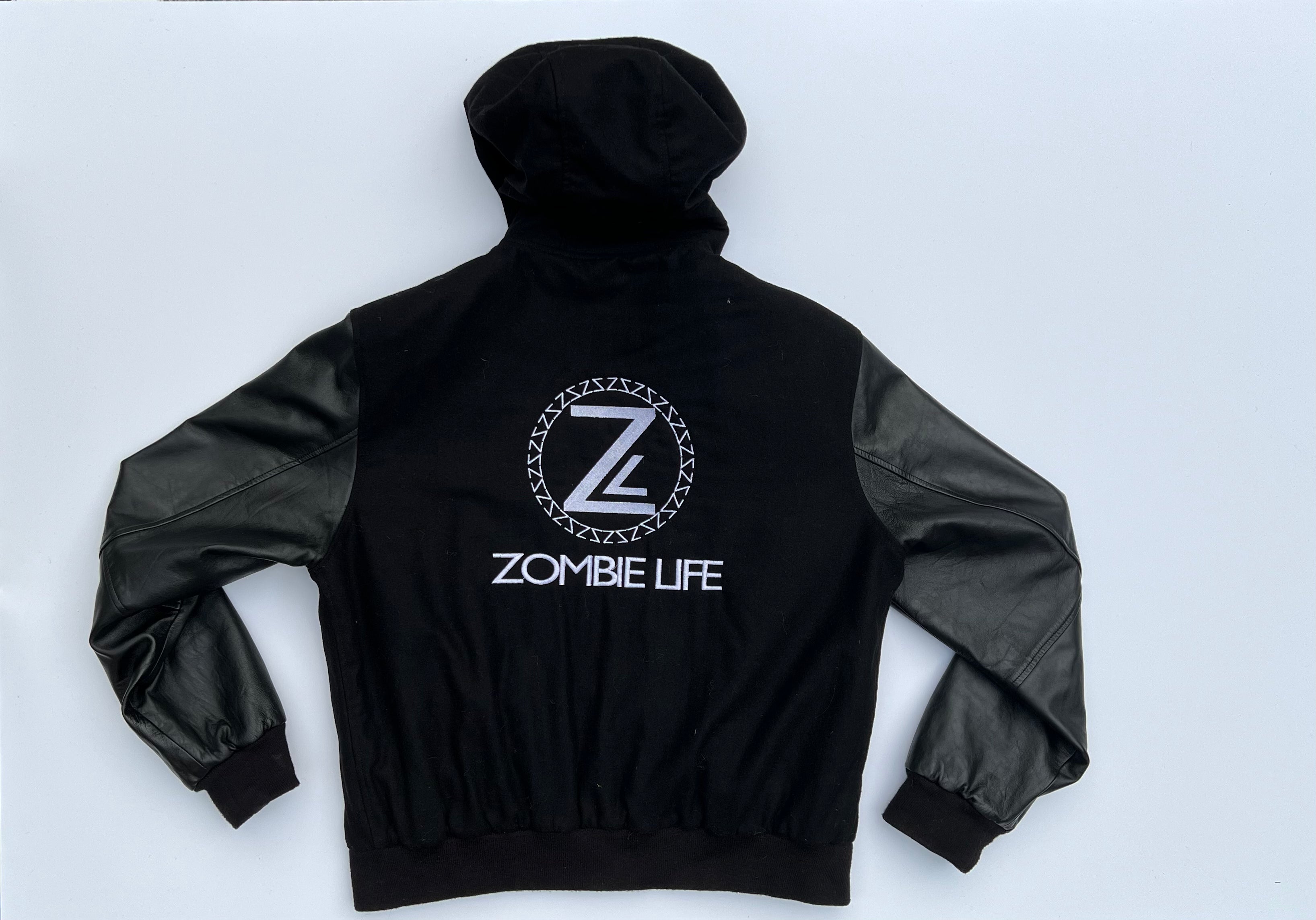 Black on Black Leather Sleeve Varsity Jacket